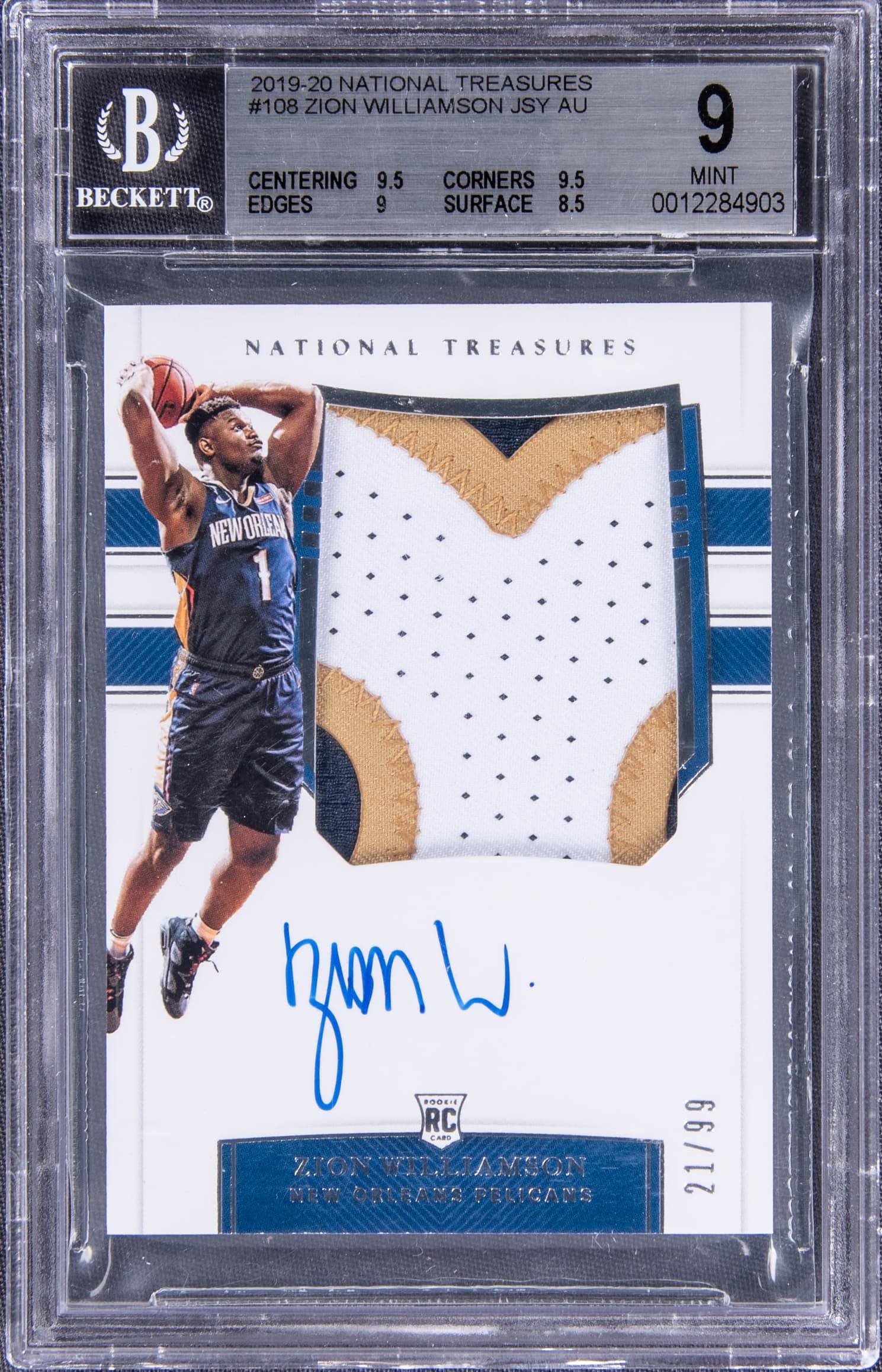 Zion Williamson 2019-20 Panini National Treasures Rookie Patch Auto (RPA) #108 Zion Williamson Signed Rookie Patch Card (#21/99) - BGS MINT 9/BGS 10 premium autograph or memorabilia representative basketball card