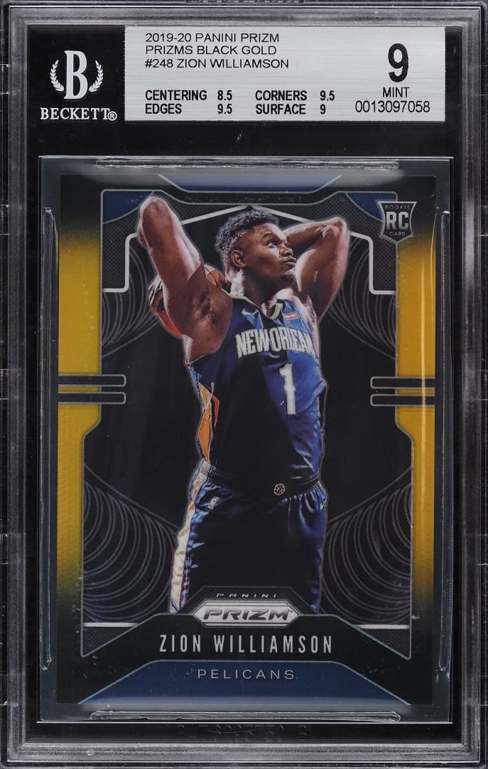 Zion Williamson 2019 Panini Prizm Black Gold Prizms Zion Williamson ROOKIE RC /5 #248 BGS 9 MINT scarce and iconic profile anchor basketball card