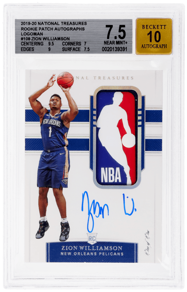 Zion Williamson 2019 National Treasures Rookie Patch Autograph Logoman Zion Williamson #108 /1 BGS 7.5 Auto 10 true-scarcity centerpiece representative basketball card