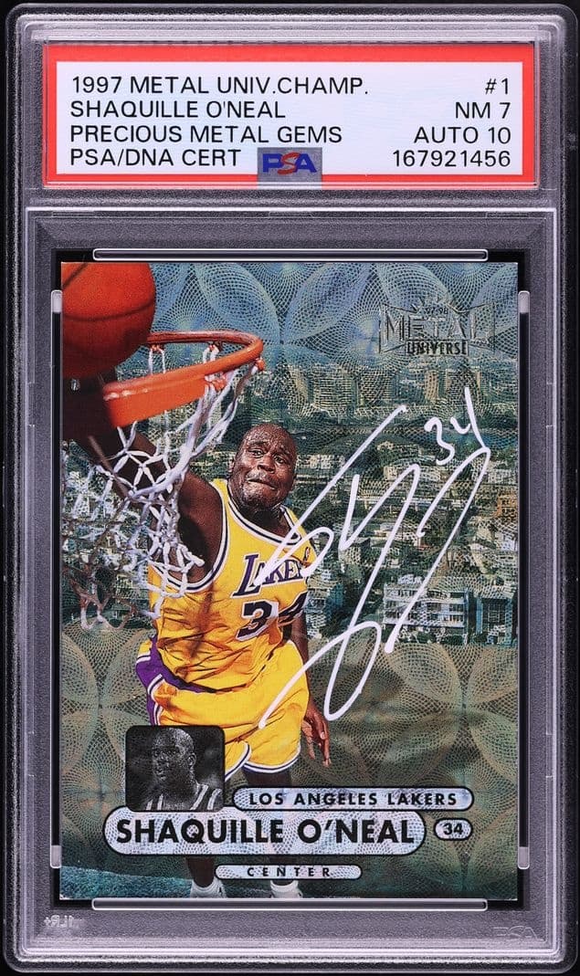 Shaquille O'Neal 1997-98 Metal Universe Champions Precious Metal Gems #1 /50, signed with 34 inscription PSA 7 / Auto 10