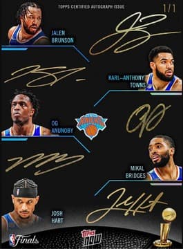 2026 Topps Now Knicks Starting Five Quintuple Autograph FoilFractor 1/1 redemption featuring Karl-Anthony Towns