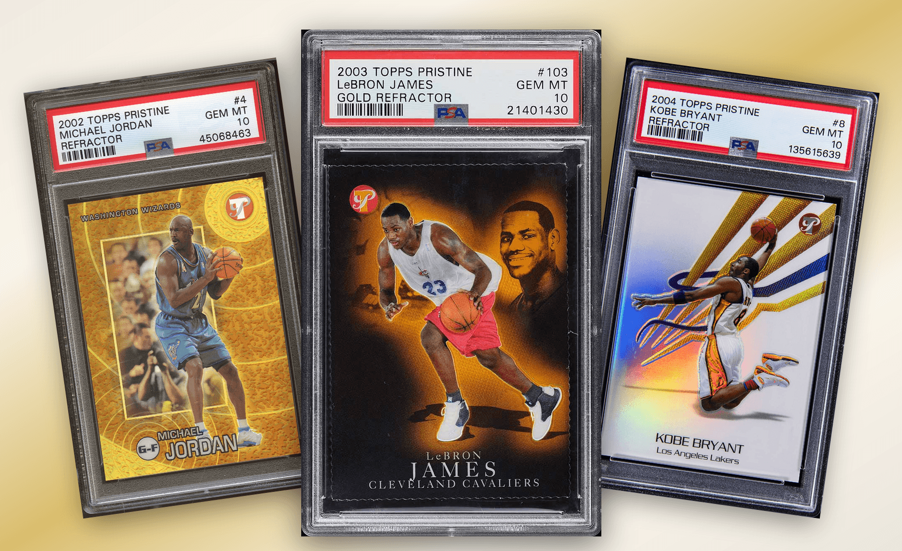 Michael Jordan, LeBron James and Kobe Bryant cards from the original Topps Pristine basketball run
