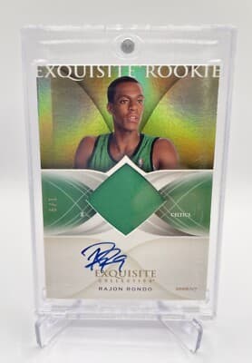 Representative image of a 2006-07 Exquisite Rajon Rondo Gold rookie patch autograph numbered to 9