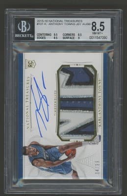 Representative image of a 2015-16 National Treasures Karl-Anthony Towns rookie patch autograph numbered to 99 in BGS 8.5