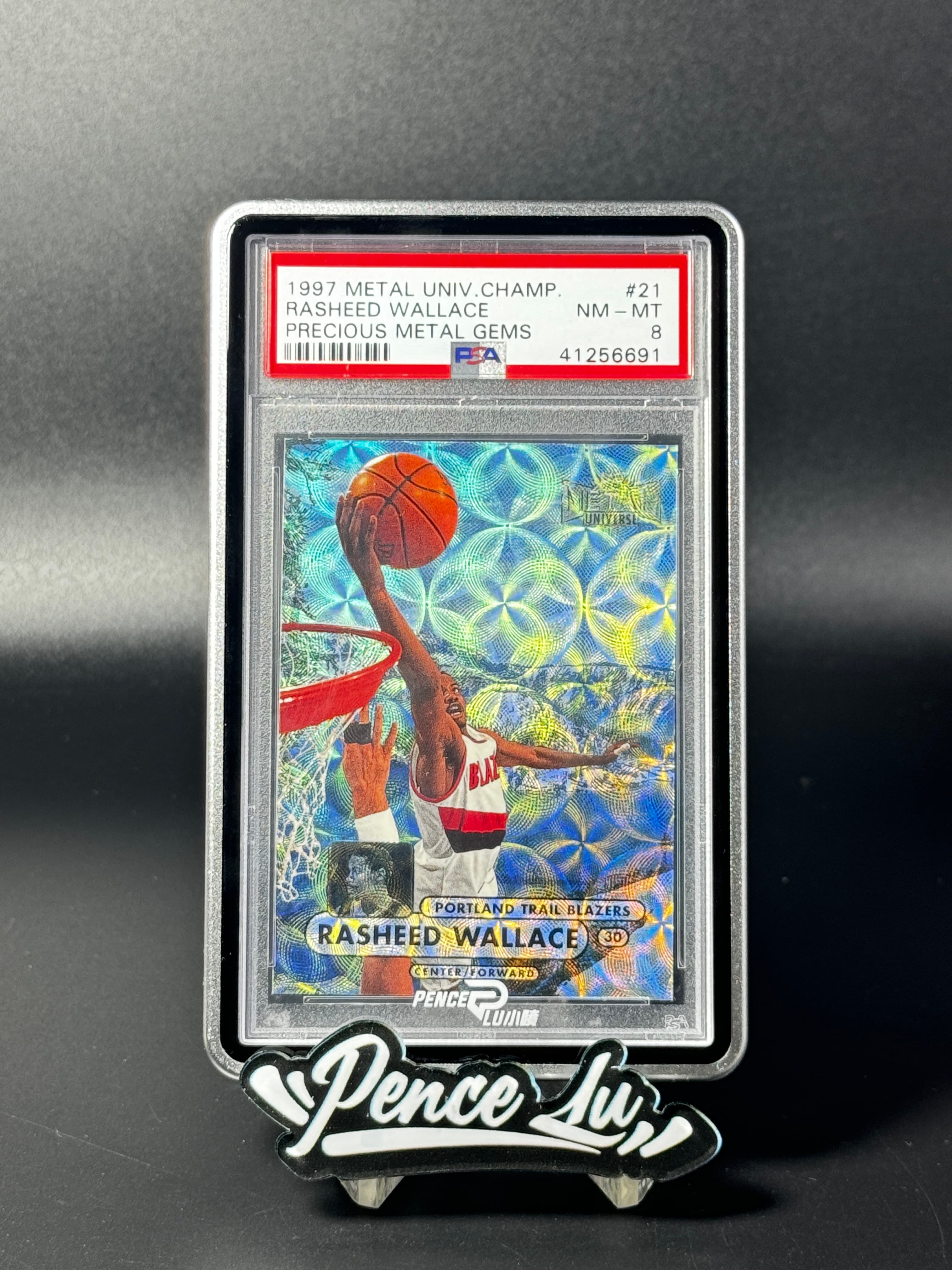 Rasheed Wallace 【喷子拍卖】1997-98 metal universe Rasheed Wallace 开拓者 怒吼天尊 拉希德 华莱士 顶级老特 PMG 圈圈折 50编 系列大hit卡 PSA8 只有一张更高分 最保值老特 送订制壳 虚竹 card sale