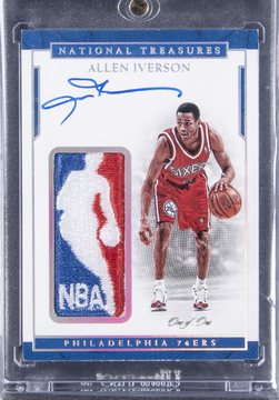Allen Iverson 2016-17 Panini National Treasures "Logoman Autographs" #46 Allen Iverson Signed "NBA Logoman" Game Used Patch Card (#1/1) - BGS NM-MT 8/BGS 10 card from Card Ladder