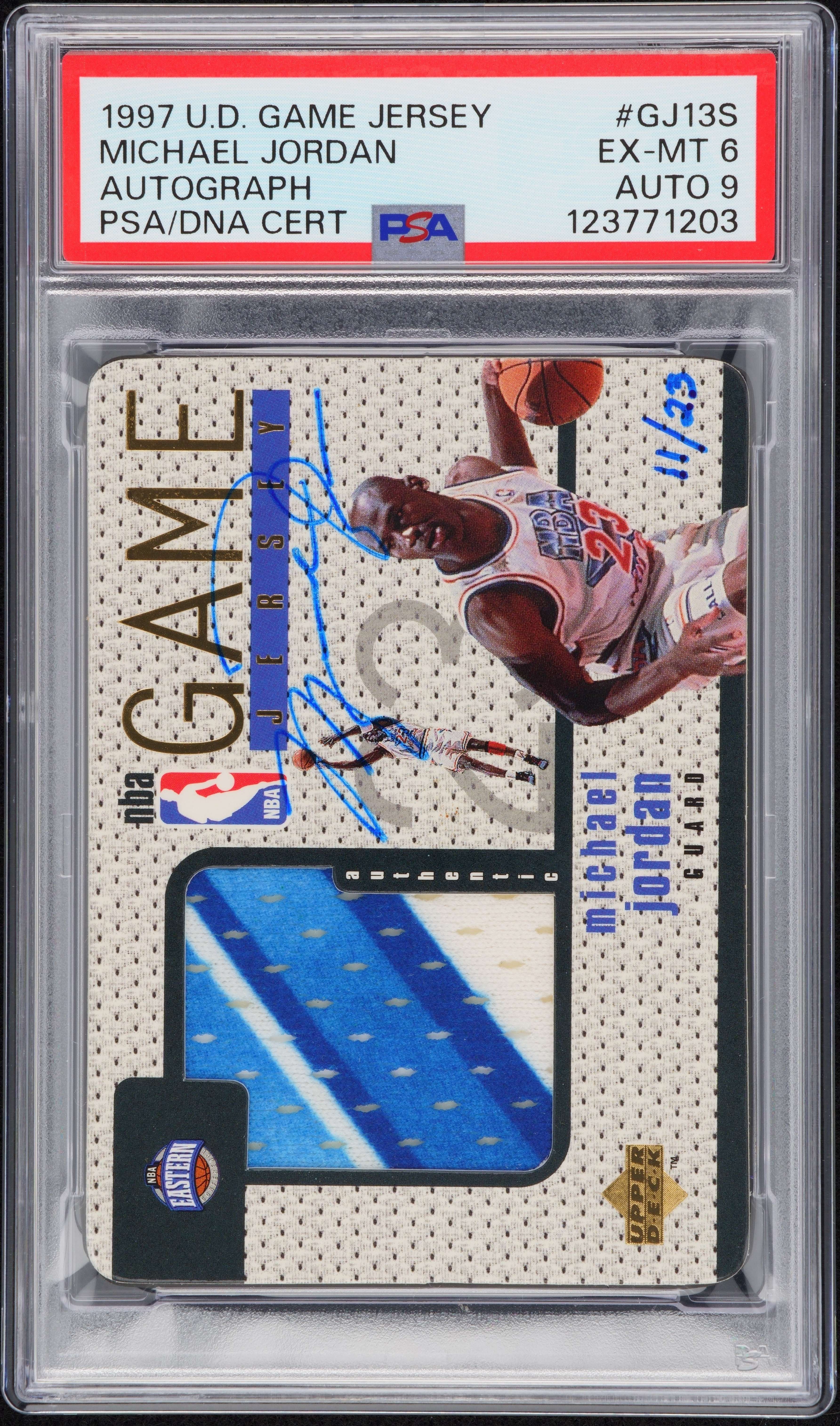 Michael Jordan 1997-98 Upper Deck #GJ13S Game Jersey Autograph #11/23 Michael Jordan PSA 6/Auto 9 card from Card Ladder
