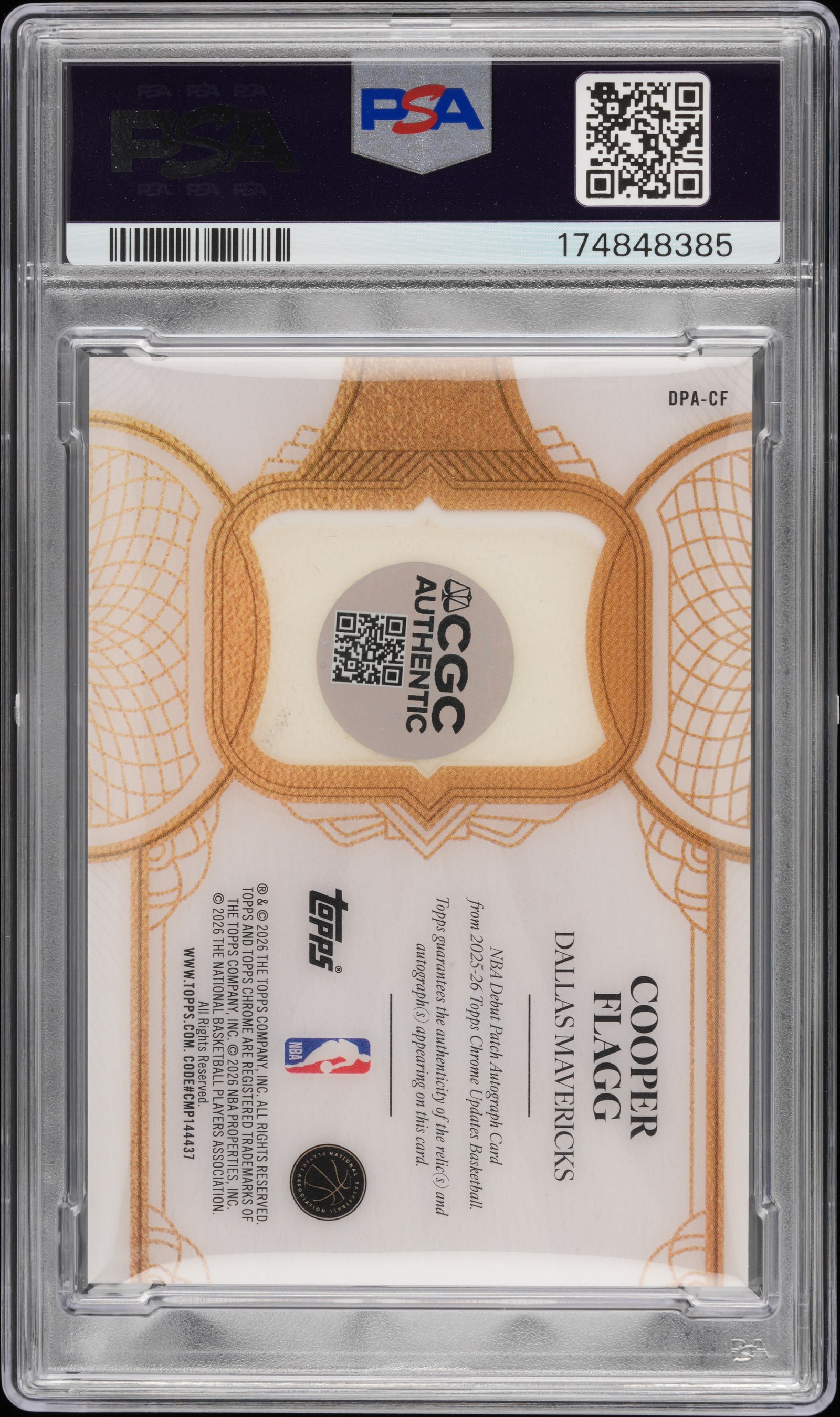 Back of Cooper Flagg's 2025-26 Topps Chrome Update NBA Rookie Debut Patch Autograph 1/1 in PSA cert 174848385
