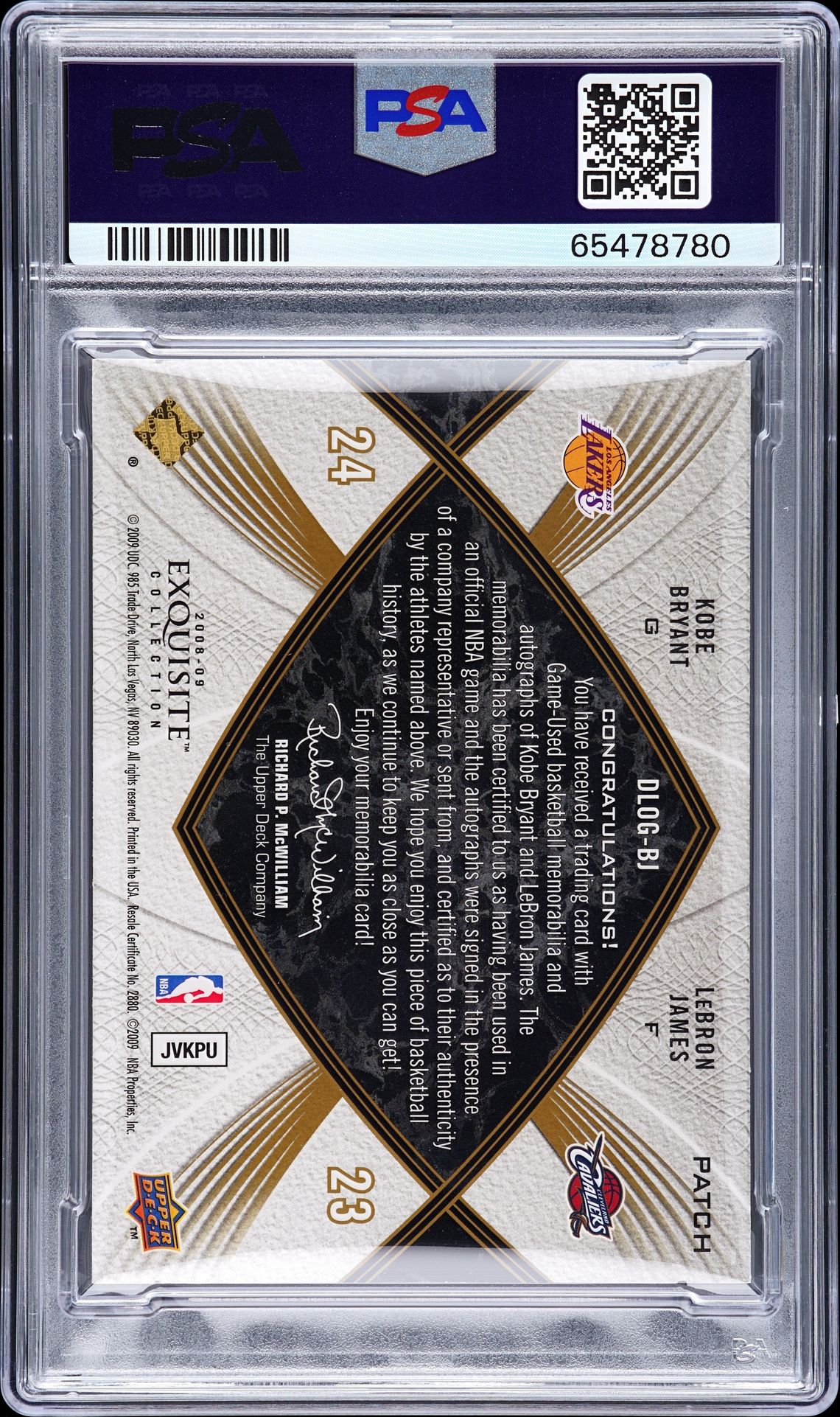 Back of the 2007-08 Exquisite Kobe Bryant and LeBron James Dual Logoman Autograph 1/1 in PSA cert 65478780