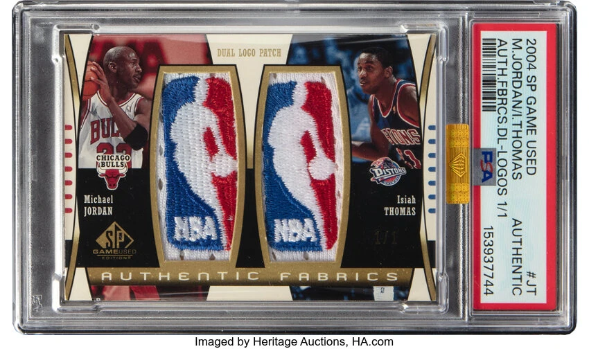 2004 SP Game Used Jordan and Isiah Thomas Authentic Fabrics Dual Logos 1/1, PSA Authentic