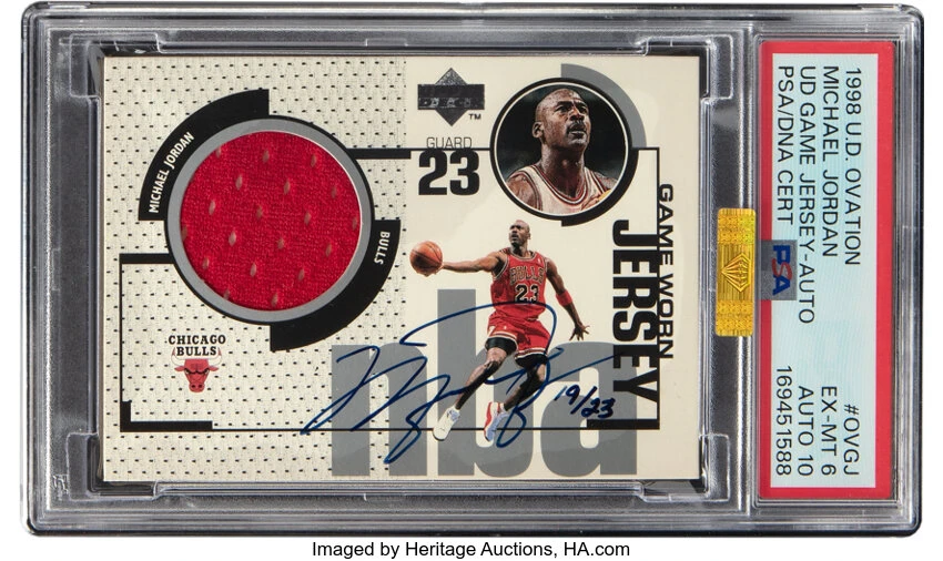 1998 Upper Deck Ovation Michael Jordan Game Jersey Autograph 19/23, PSA 6 Auto 10