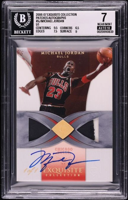 Front of 2006-07 Exquisite Michael Jordan Patches Autograph 1/1, BGS 7 Auto 10