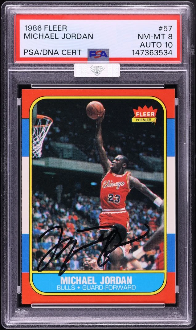 1986 Fleer Michael Jordan signed rookie, PSA 8 Auto 10, sold at Fanatics