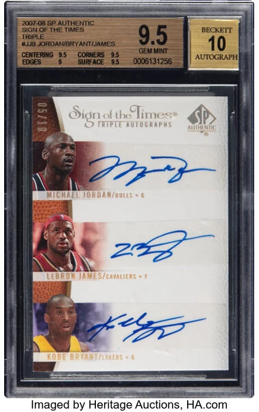 2007 SP Authentic Sign of the Times Michael Jordan Kobe Bryant LeBron James triple autograph /10 BGS 9.5 Auto 10
