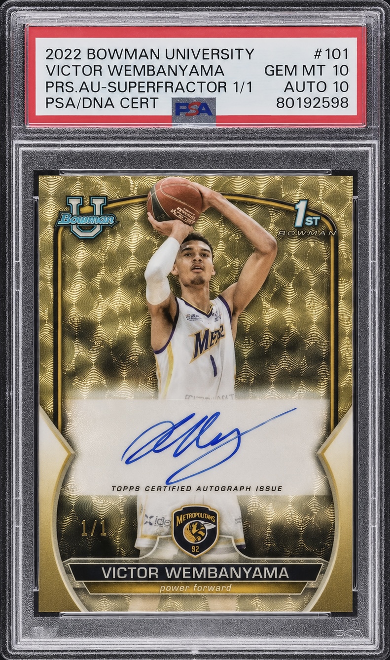 2022 Bowman University Chrome #101 Victor Wembanyama Prospects Auto-SuperFractor 1/1 PSA 10 Auto 10 card