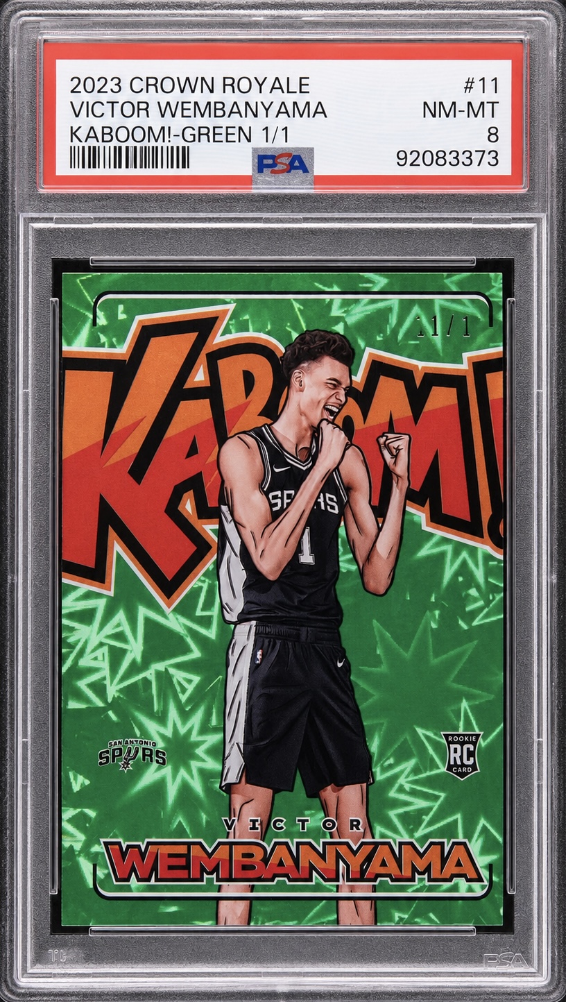 2023-24 Panini Crown Royale Kaboom Green #11 Victor Wembanyama 1/1 PSA 8 rookie insert card