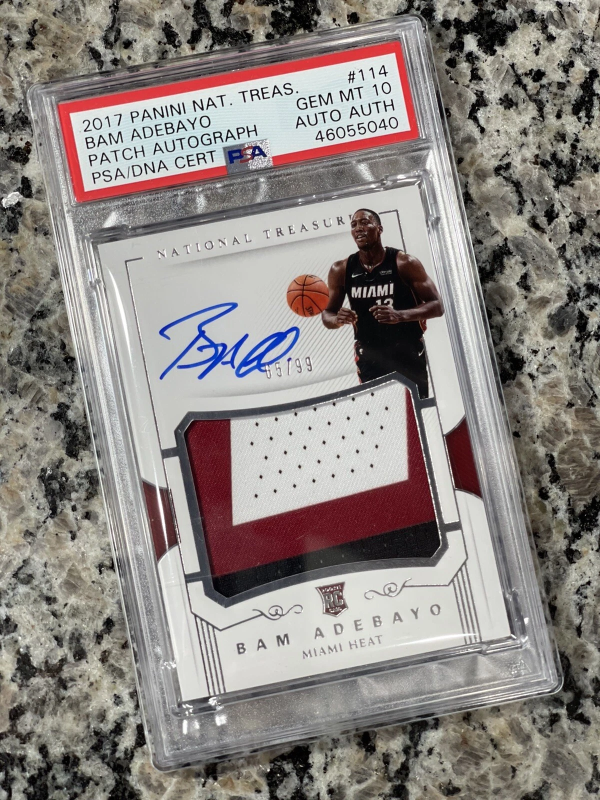 Bam Adebayo 2017-18 National Treasures Bam Adebayo Rookie Patch Auto #77/99 PSA 10 Heat G77 premium autograph or memorabilia representative basketball card