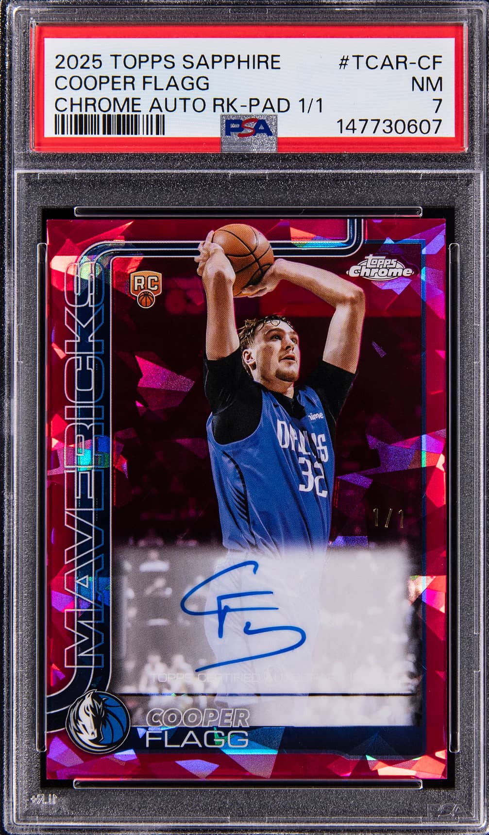 Cooper Flagg 2025-26 Topps Chrome Sapphire Padparadscha rookie autograph one-of-one graded PSA 7