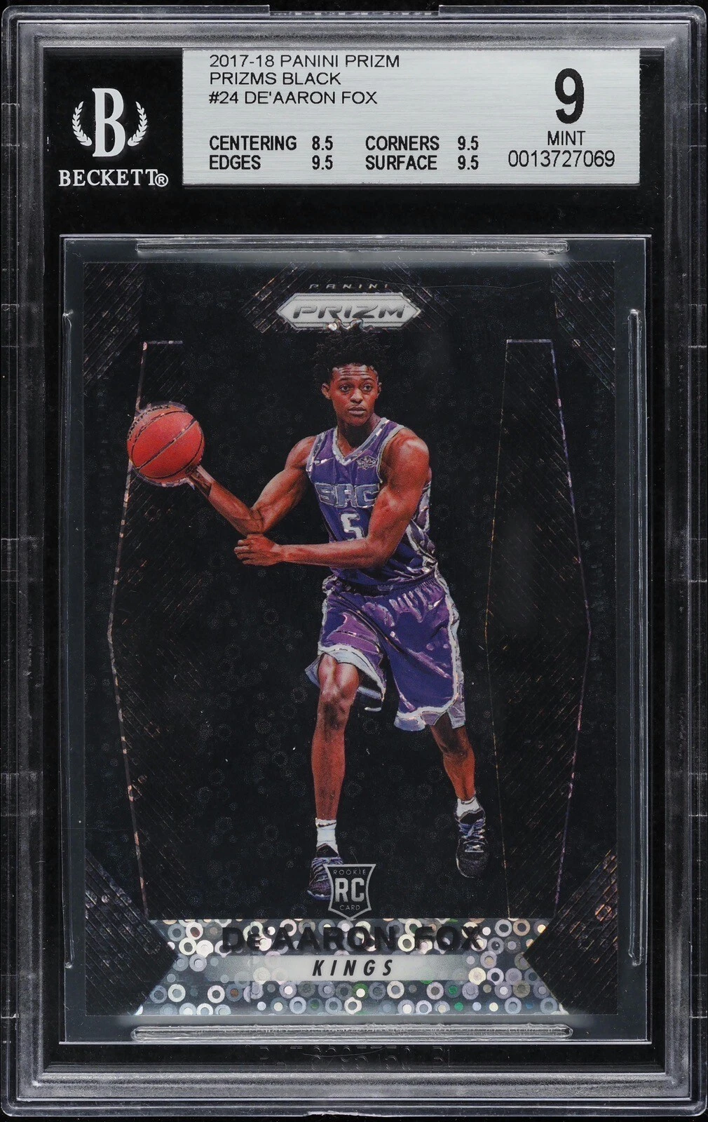 De'Aaron Fox 2017 Panini Prizm De’Aaron Fox Rookie Black Refractor 1/1 BGS 9 W/ 3 9.5s Kings scarce and iconic profile anchor basketball card