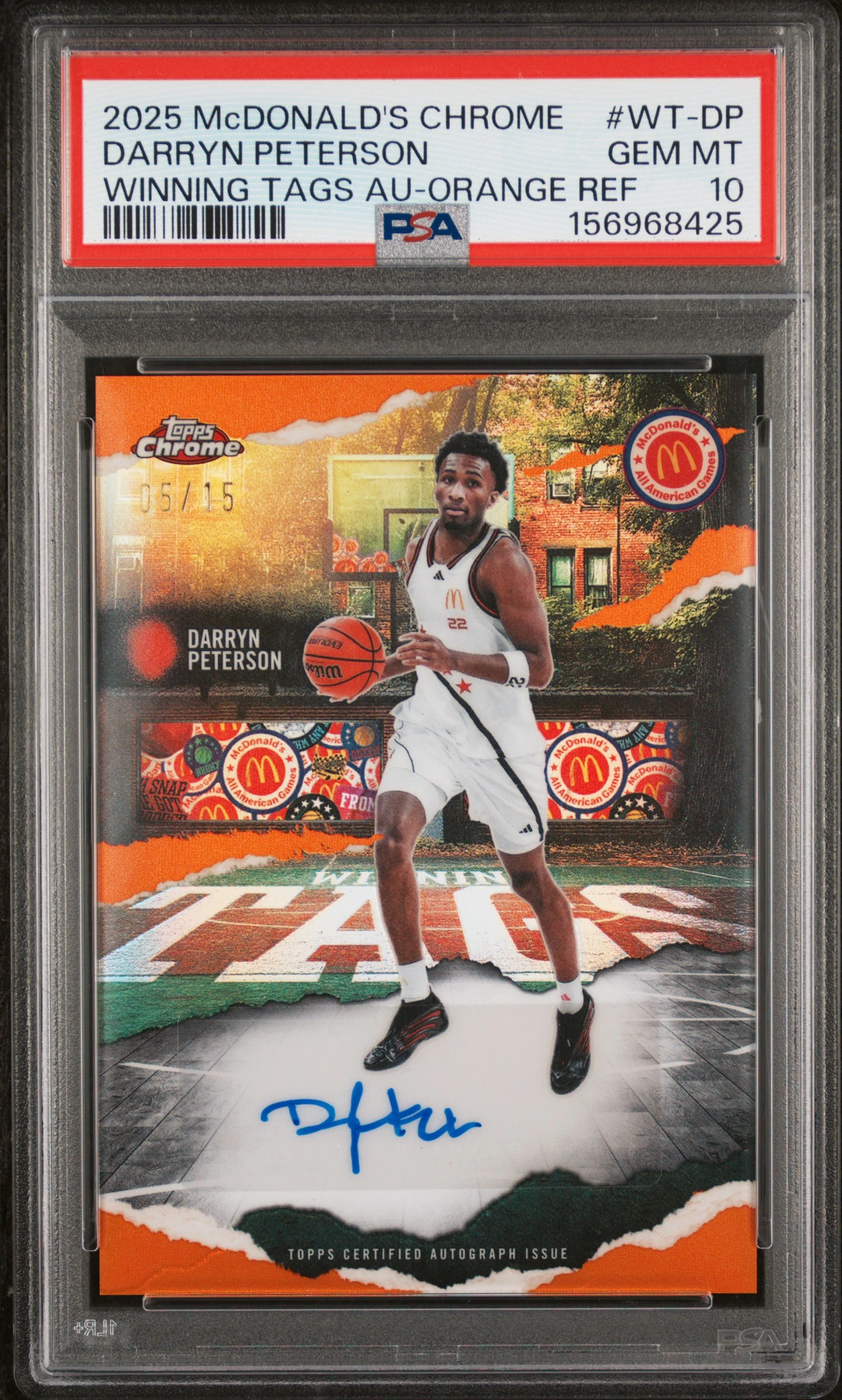 2025 Topps Chrome McDonald's All-American Darryn Peterson Winning Tags Autograph Orange Refractor /15 basketball card