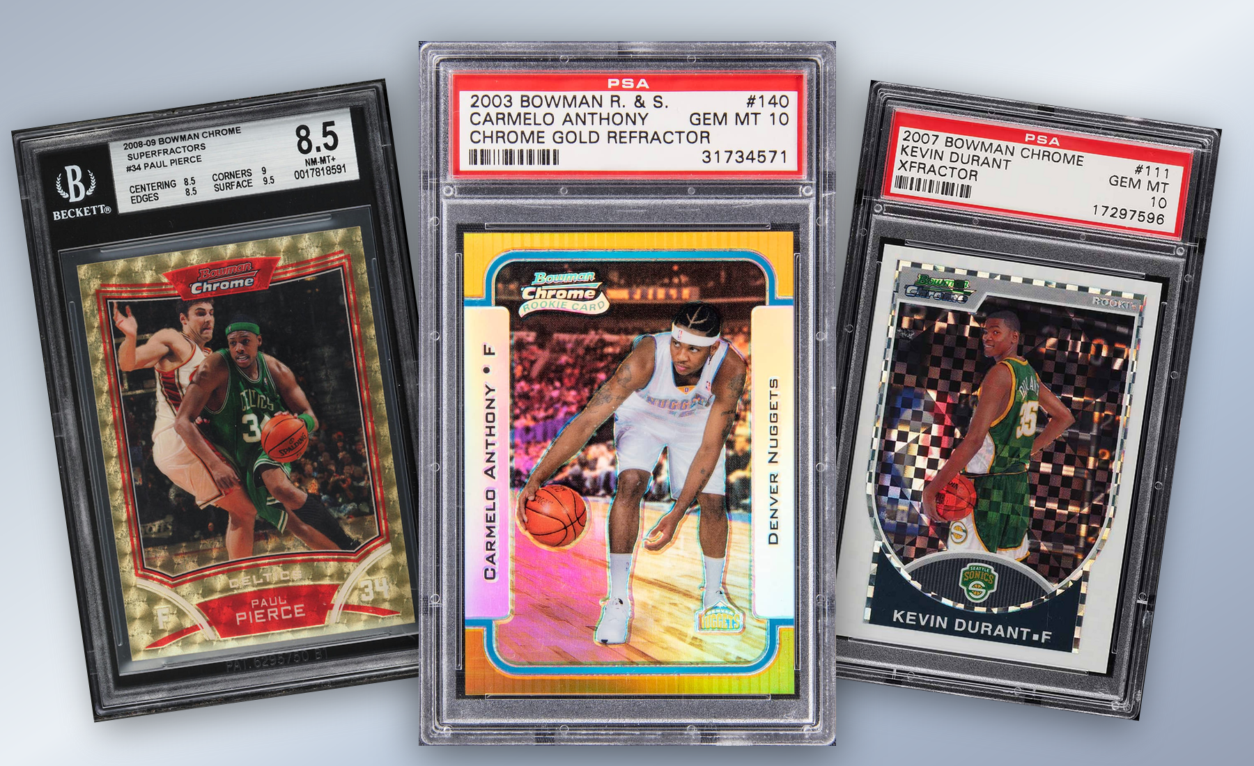 Three-card Bowman Chrome basketball stack