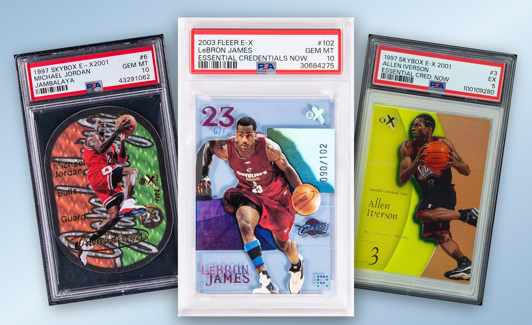 Three-card Fleer SkyBox E-X family stack