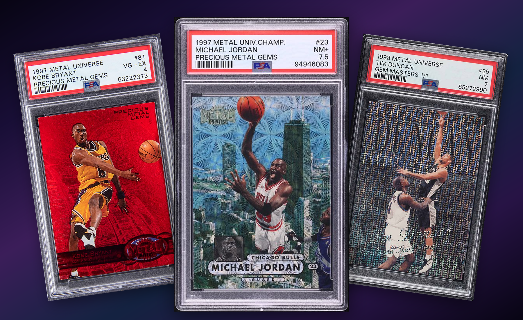 Three-card Fleer SkyBox Metal Universe family stack