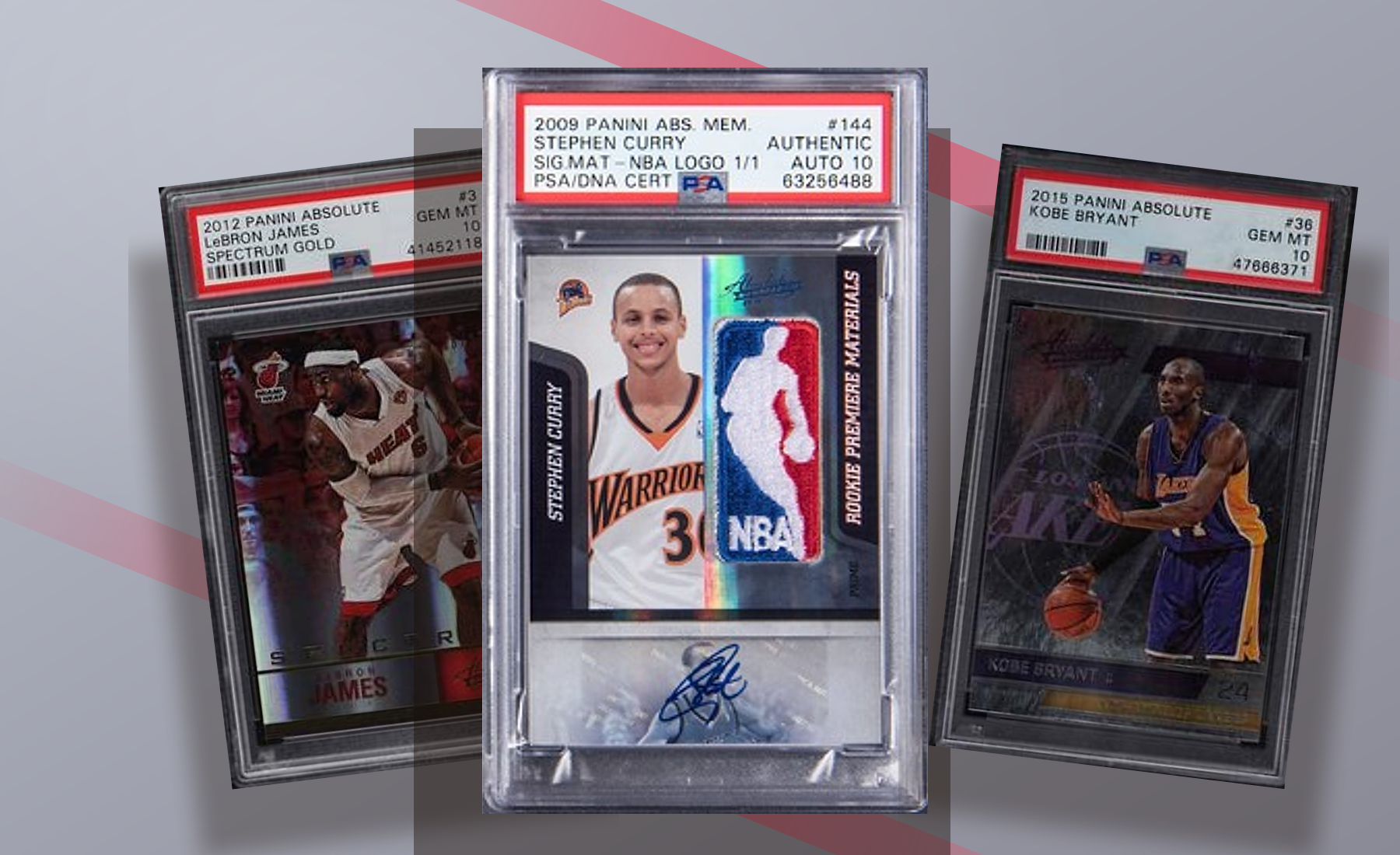 Three-card Panini Absolute stack (Curry Signature Materials NBA Logoman 1/1, LeBron Spectrum Gold, Kobe) from Card Ladder