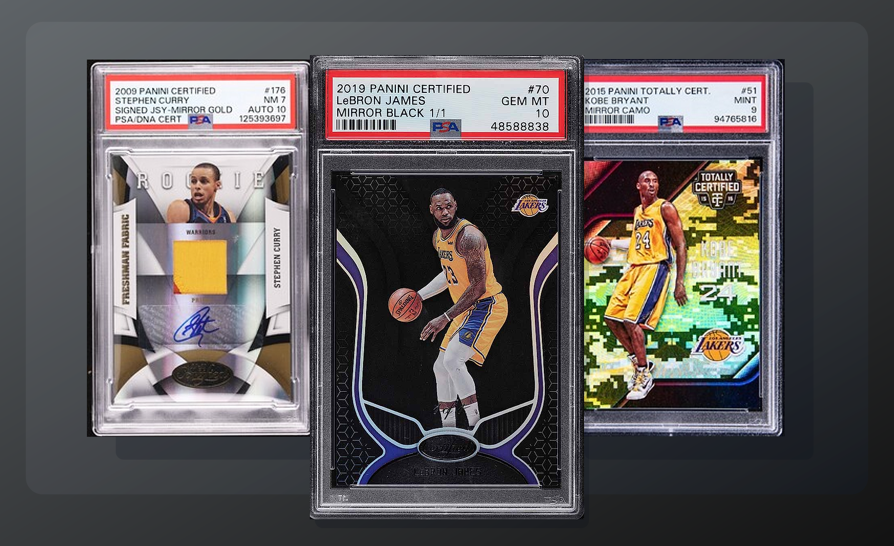 Three-card Panini Certified stack (LeBron Mirror Black 1/1, Curry Mirror Gold Auto, Kobe Mirror Camo) from Card Ladder
