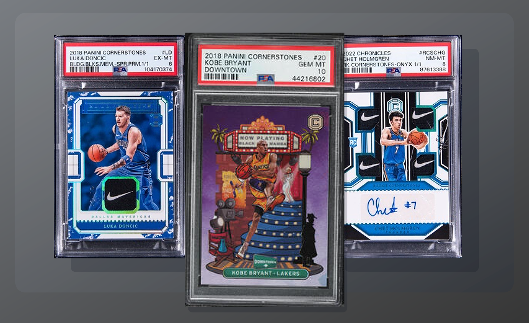 Three-card Panini Cornerstones stack (Kobe Downtown, Luka Building Blocks Sapphire, Chet Holmgren Onyx) from Card Ladder