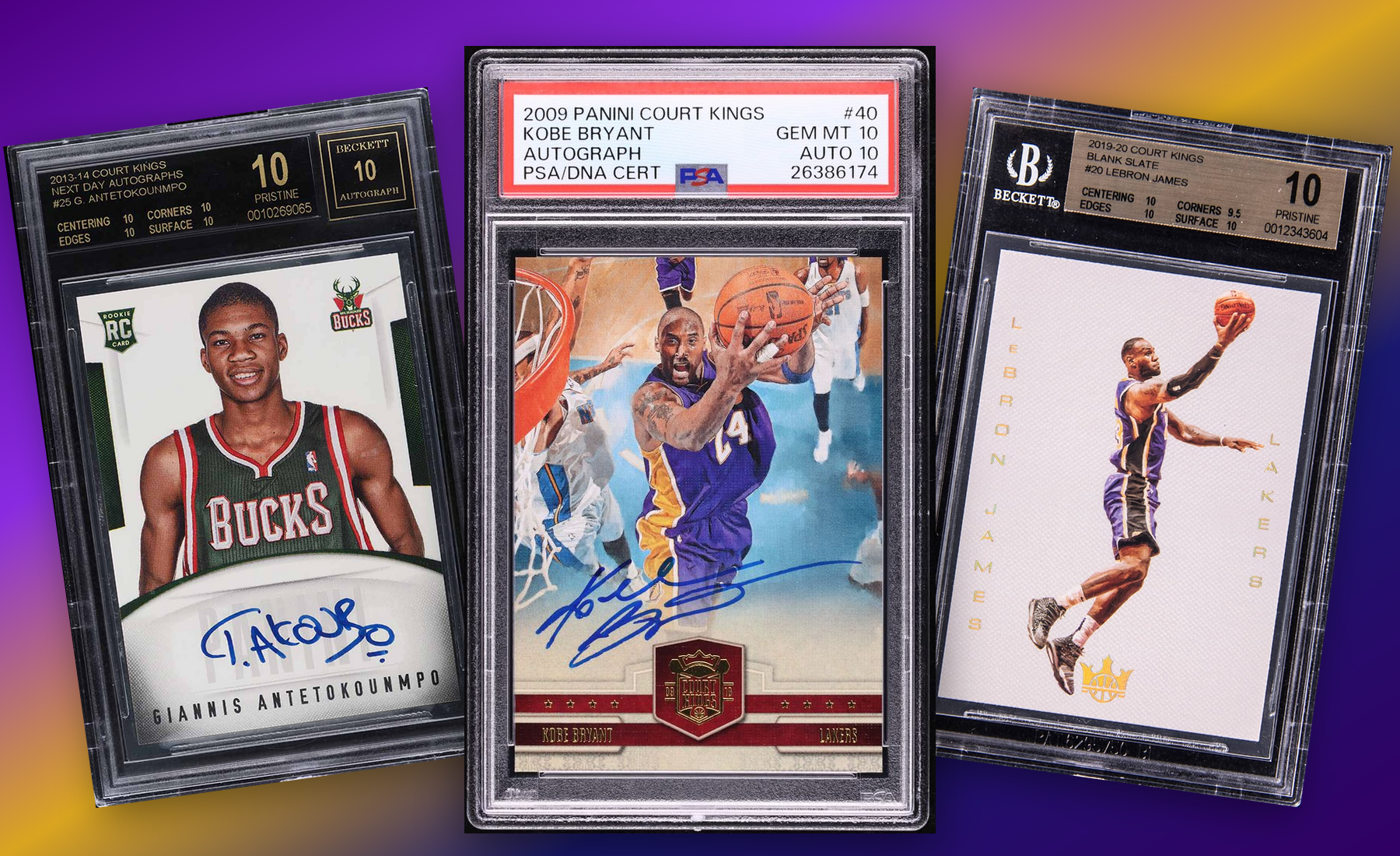 Three-card Panini Court Kings stack built from uploaded collector images
