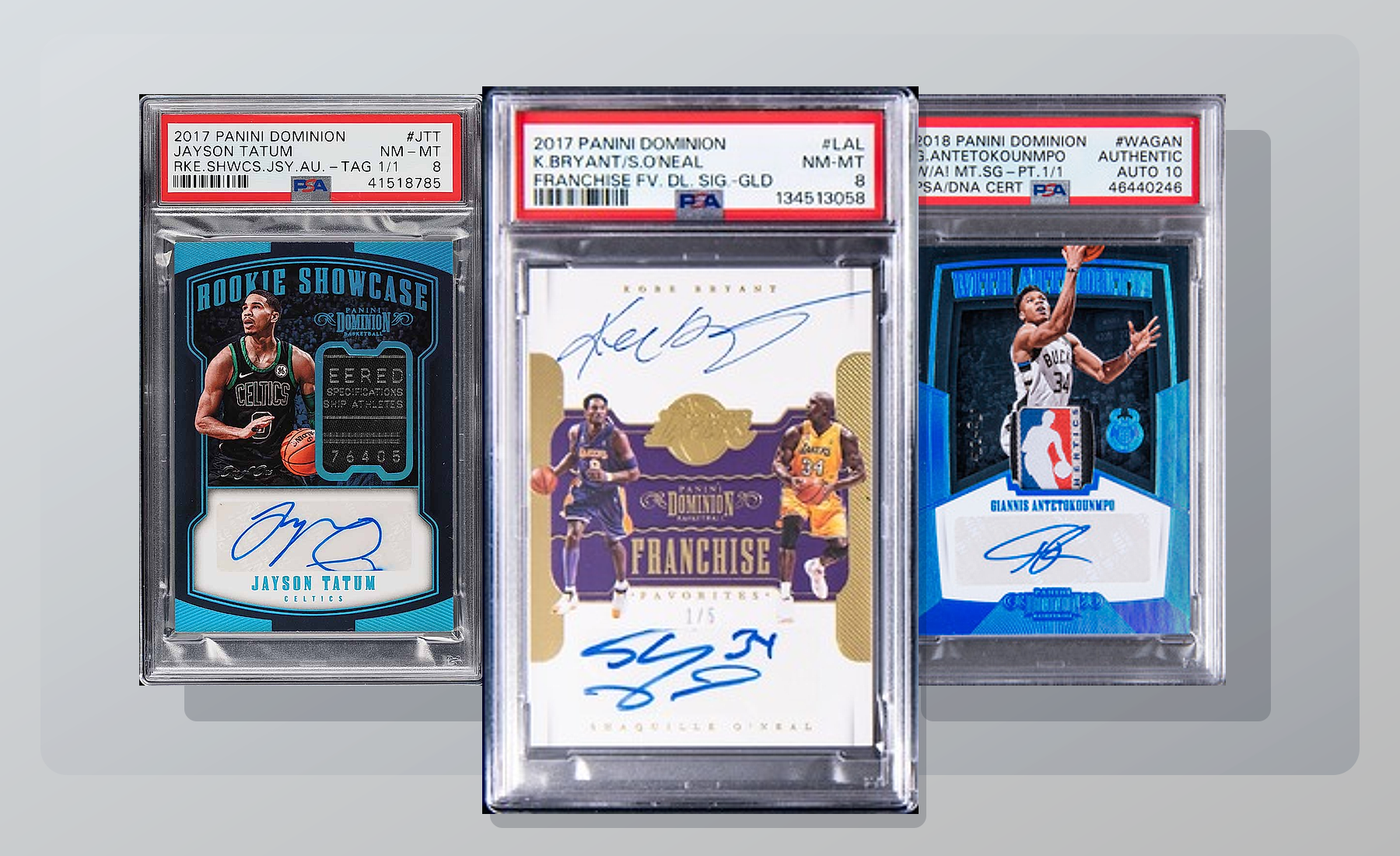 Three-card Panini Dominion stack (Kobe/Shaq Franchise Favorites, Tatum Rookie Showcase, Giannis Logoman Tag Patch) from Card Ladder