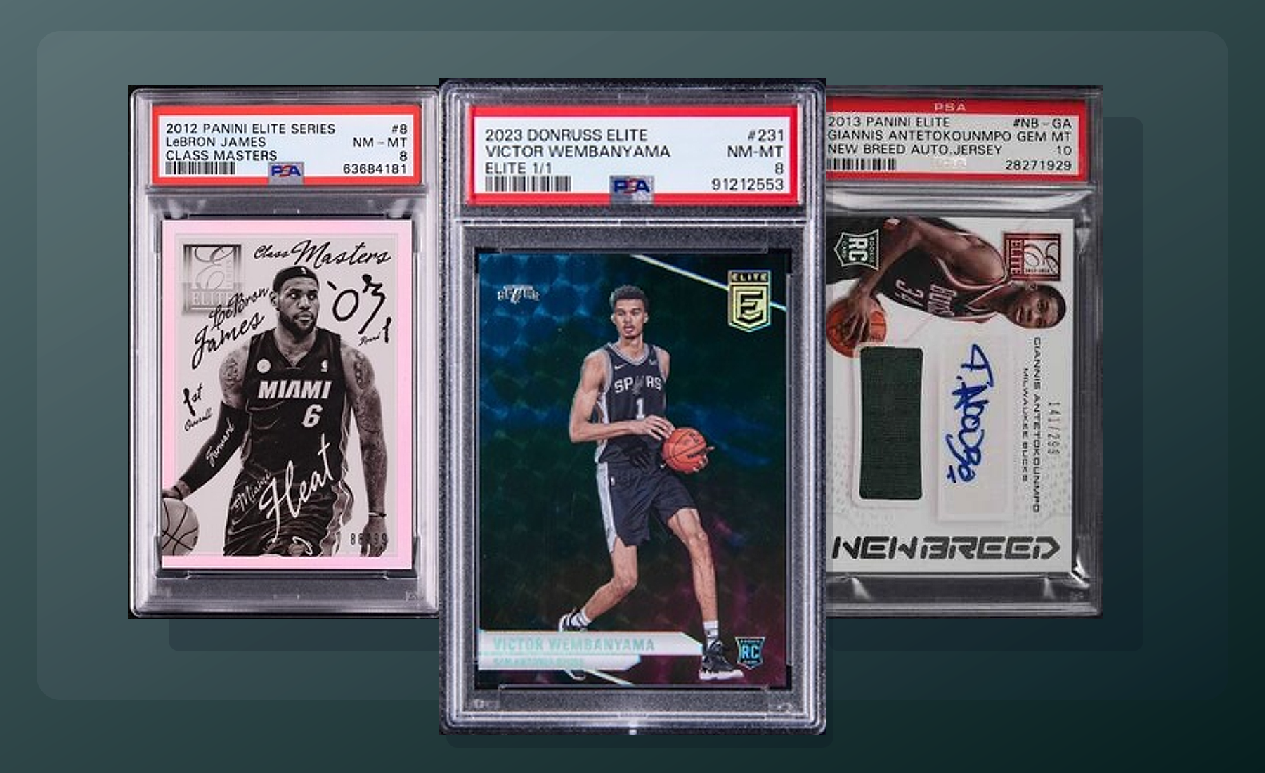 Three-card Panini Elite stack (Wembanyama Donruss Elite 1/1, Kobe Passing the Torch, LeBron Elite Series Class Masters) from Card Ladder