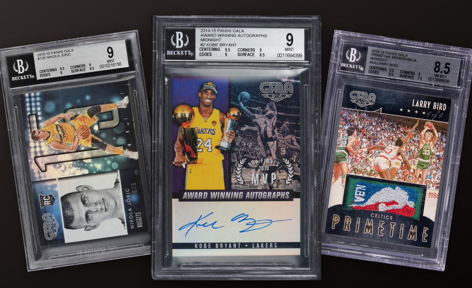 Three-card Panini Gala stack built from uploaded collector images