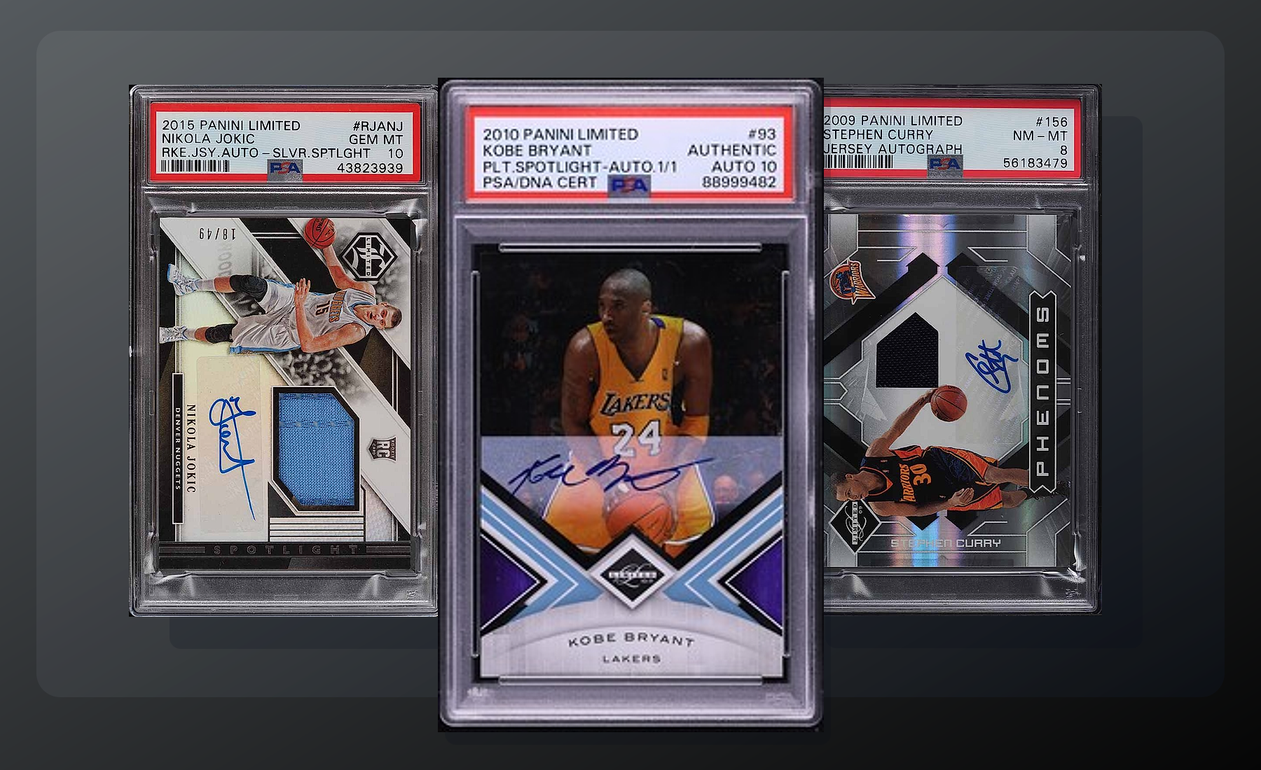 Three-card Panini Limited stack (Kobe Platinum Spotlight Auto 1/1, Jokic Phenoms, Curry) from Card Ladder