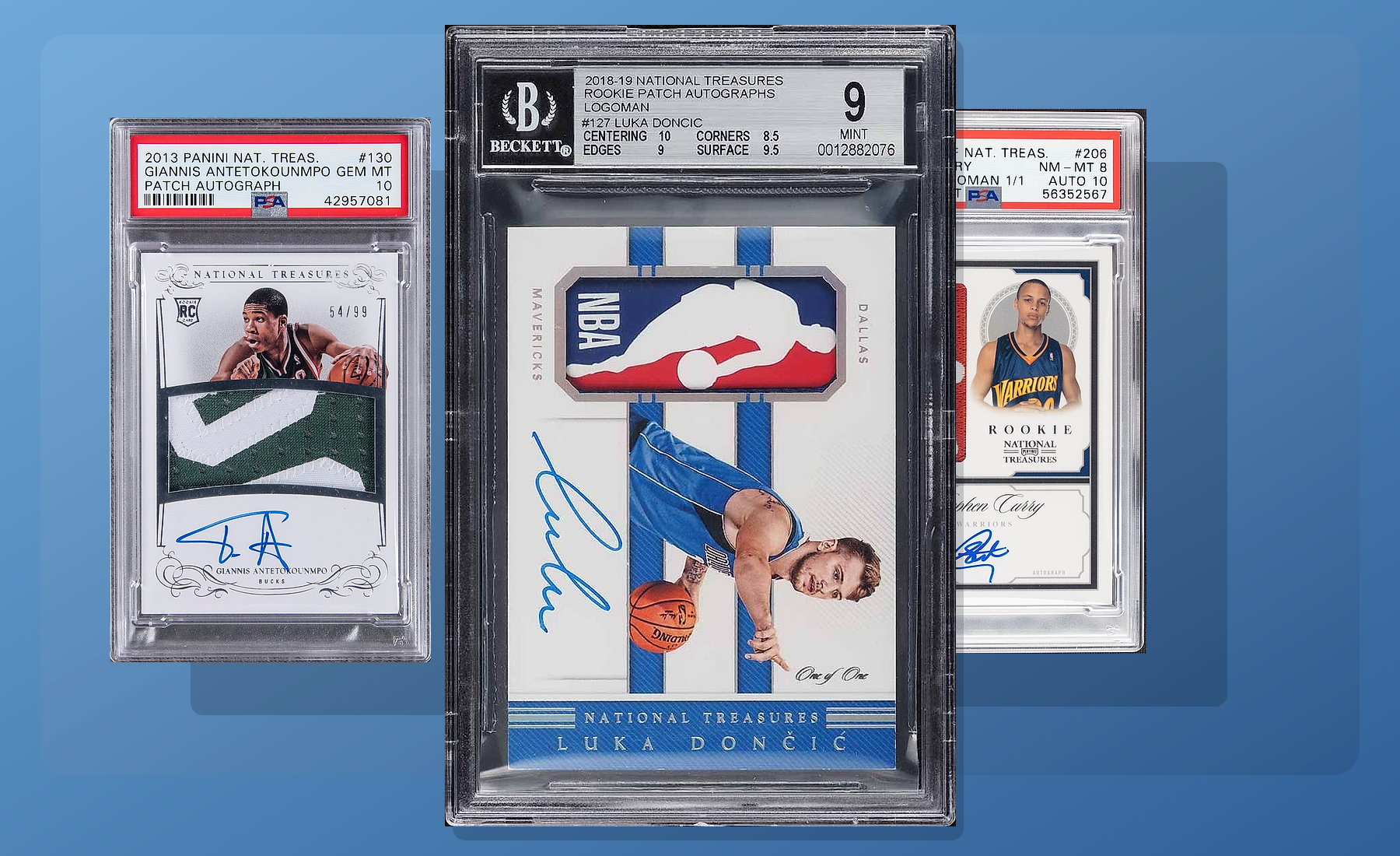 Three-card Panini National Treasures stack built from uploaded collector images