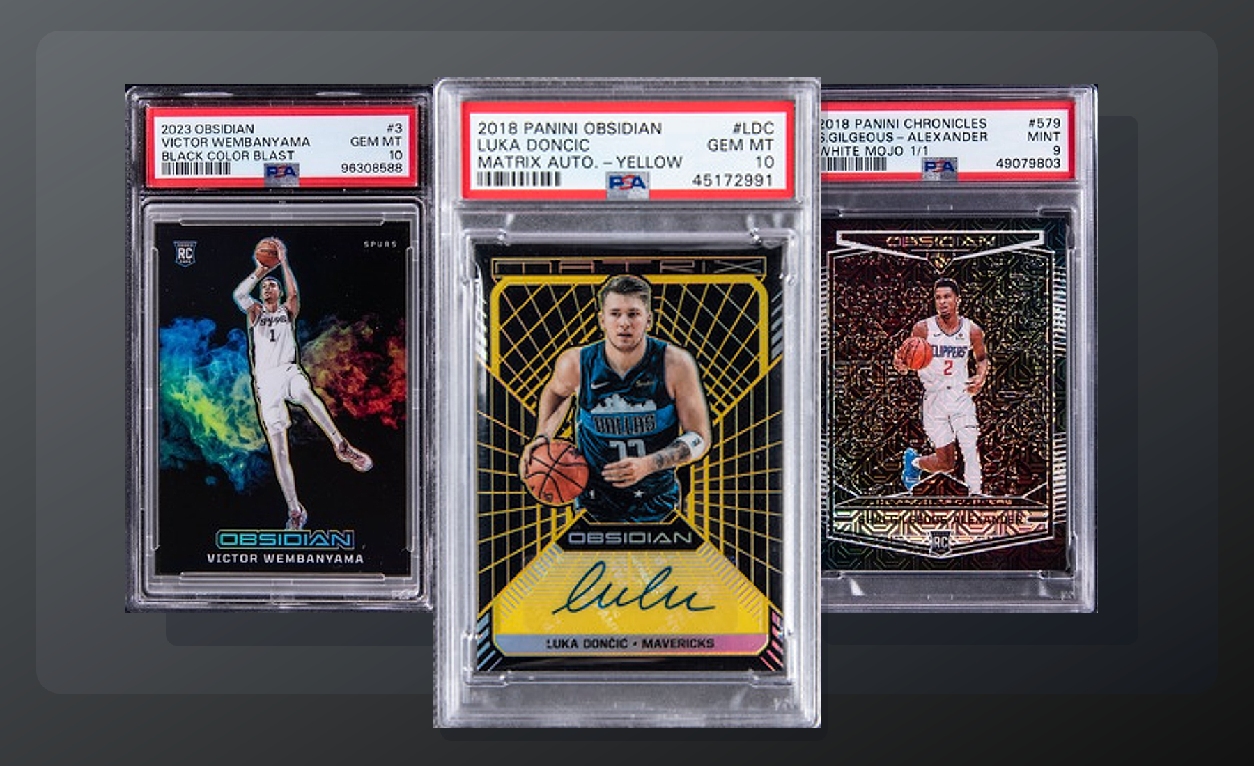 Three-card Panini Obsidian stack (Luka Matrix Yellow Auto, Wembanyama Color Blast, SGA Mojo) from Card Ladder