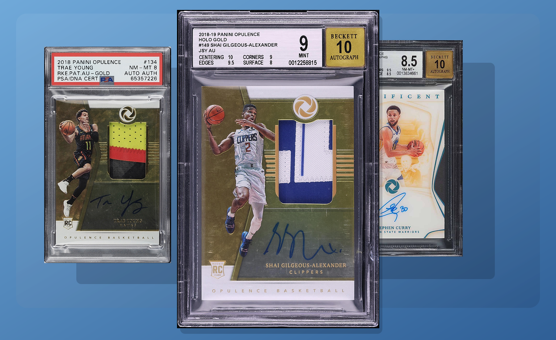 Three-card Panini Opulence stack built from uploaded collector images