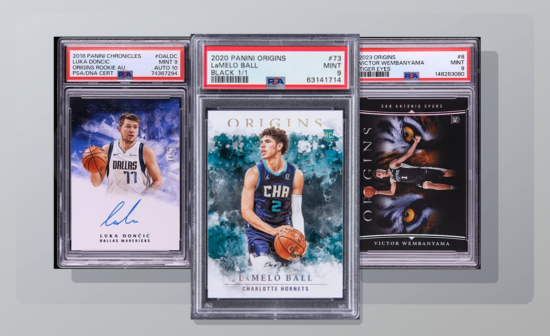 Three-card Panini Origins stack (LaMelo Ball Black 1/1, Luka Doncic Origins Rookie Auto, Duncan Origins) from Card Ladder