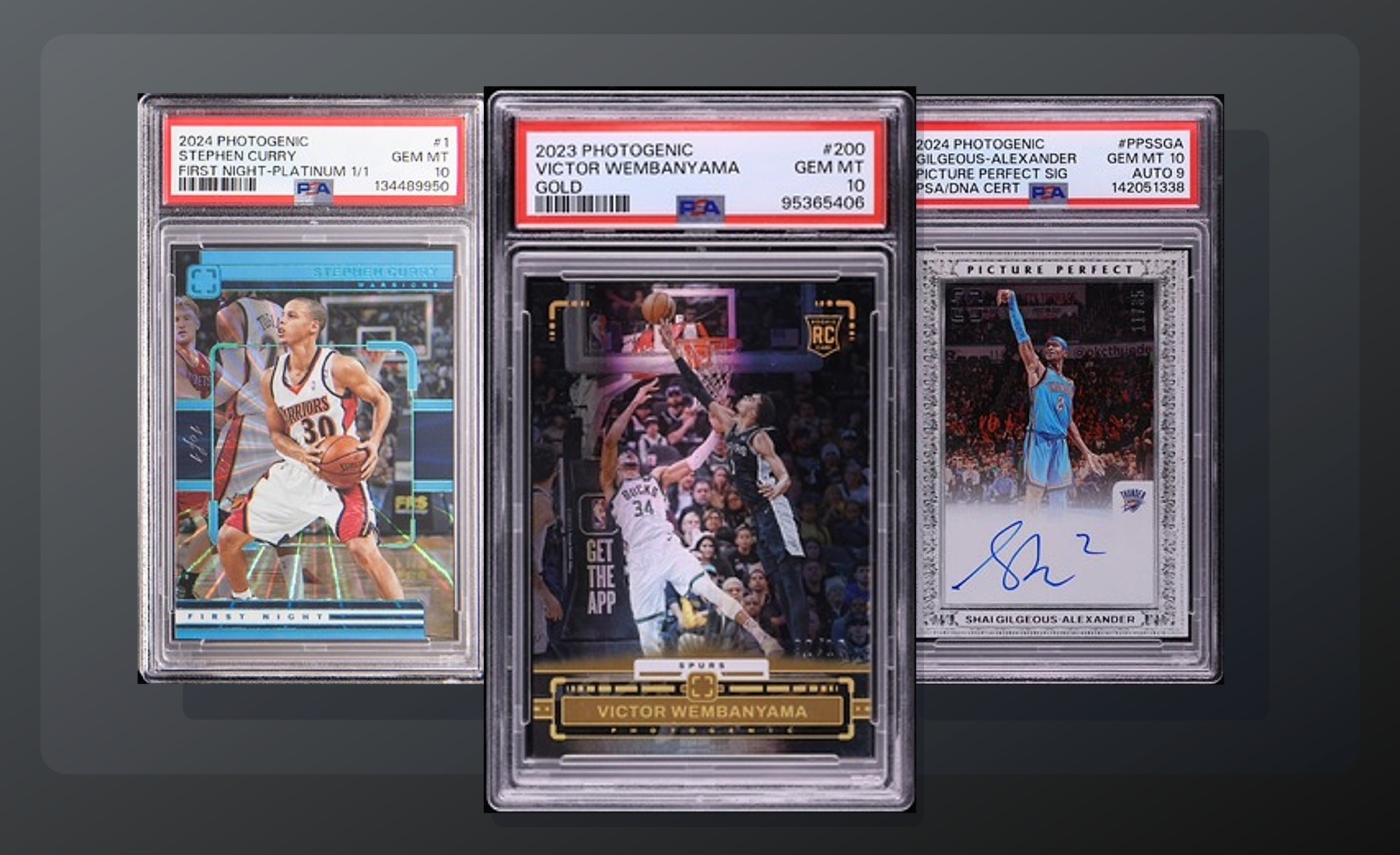 Three-card Panini Photogenic stack (Wembanyama Gold, Curry, SGA Picture Perfect Auto) from Card Ladder