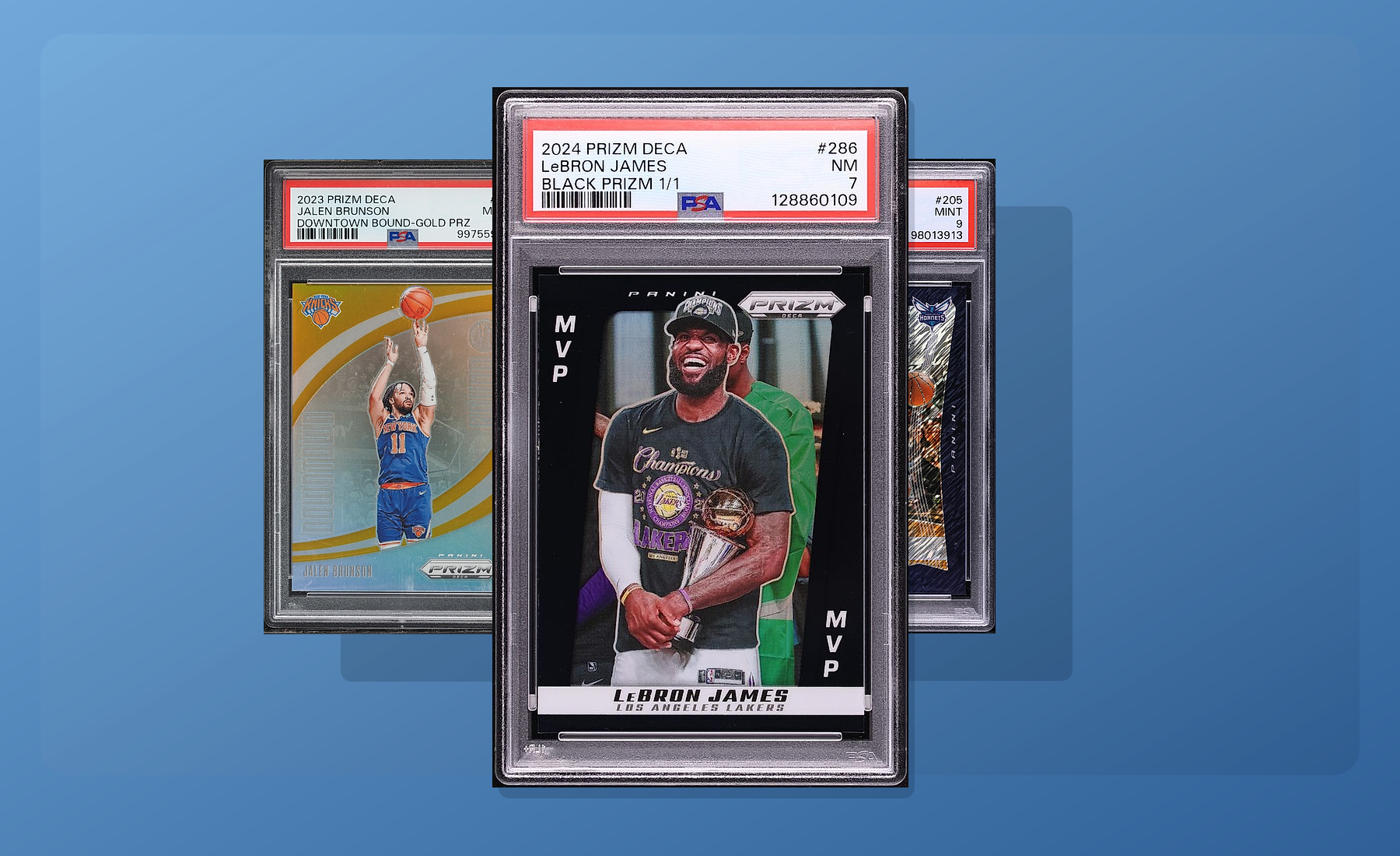 Three-card Panini Prizm DECA stack built from uploaded collector images