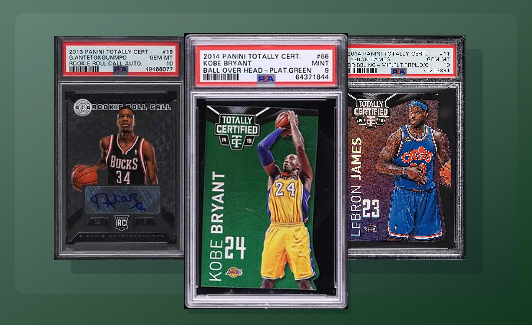 Three-card Panini Totally Certified stack (Kobe Ball Over Head Platinum Green, Giannis Roll Call Auto, LeBron) from Card Ladder