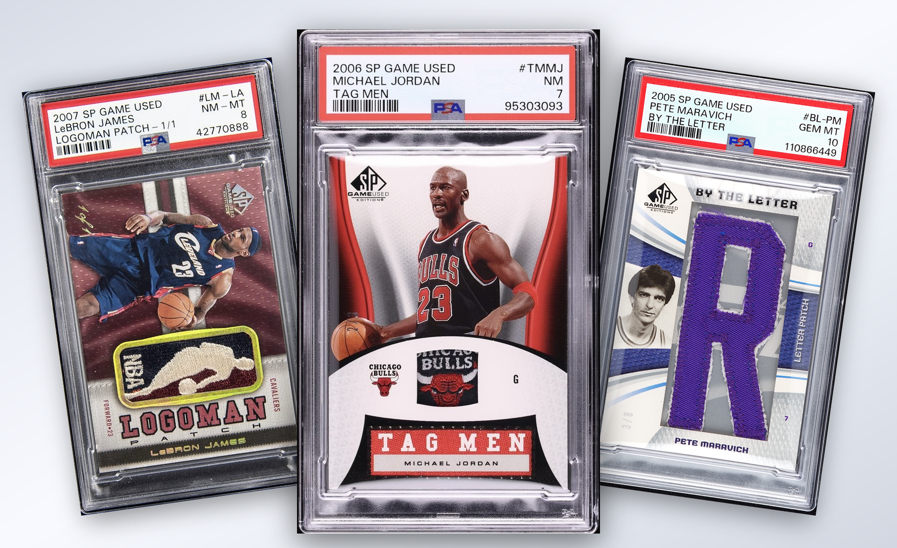 Three-card SP Game Used stack built from uploaded collector images