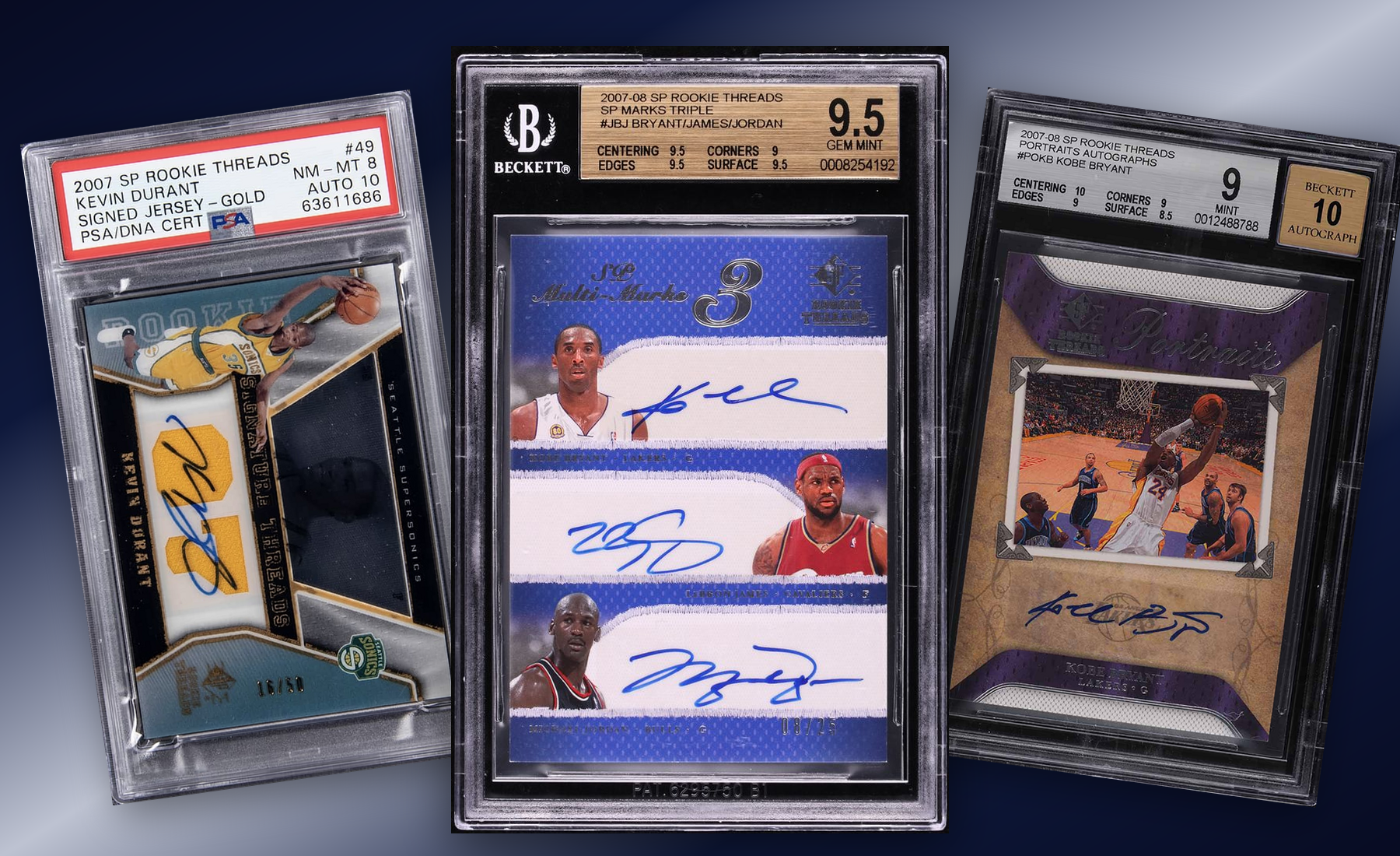 Three-card SP Rookie Threads stack built from uploaded collector images