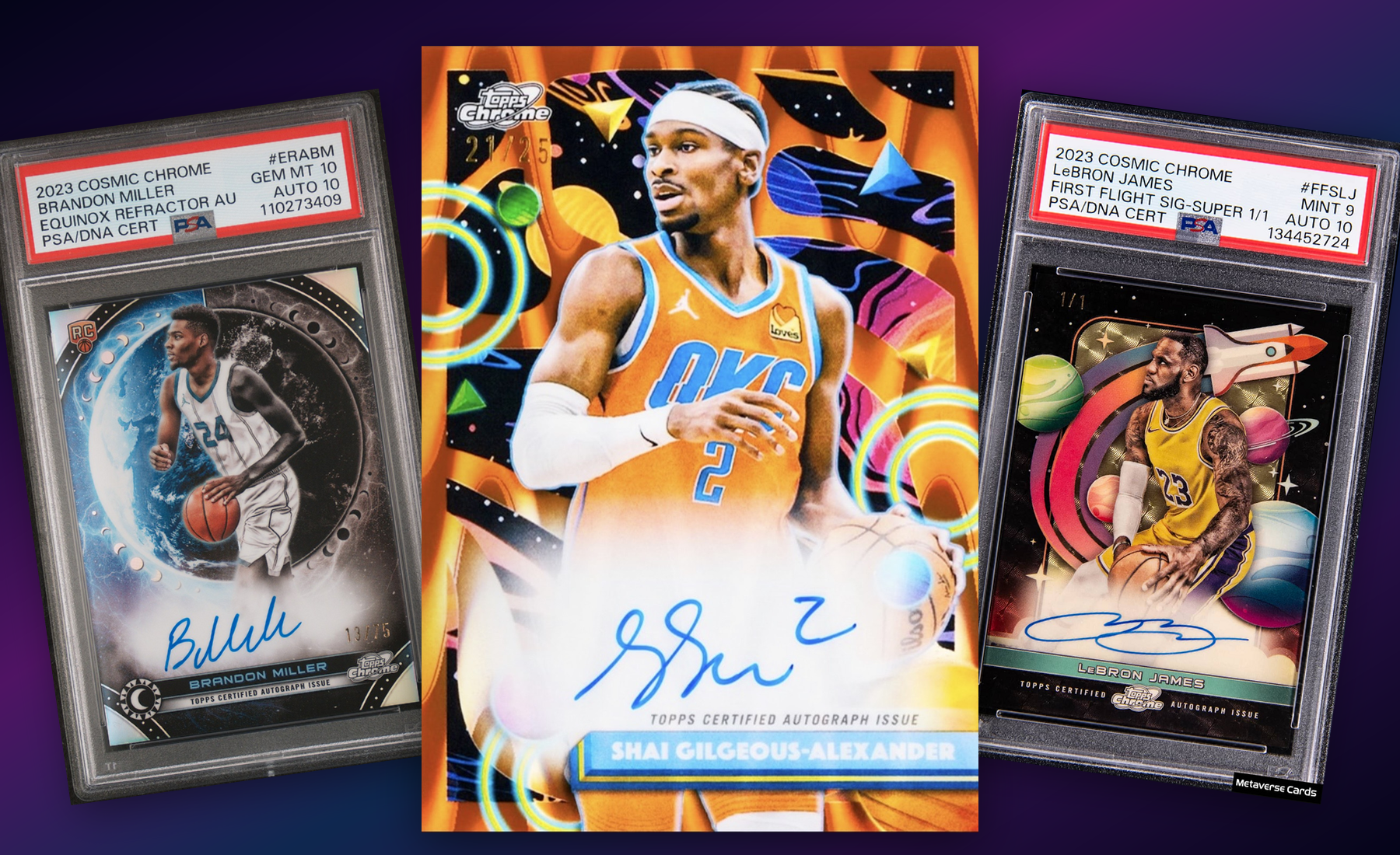 Three-card Topps Cosmic Chrome stack