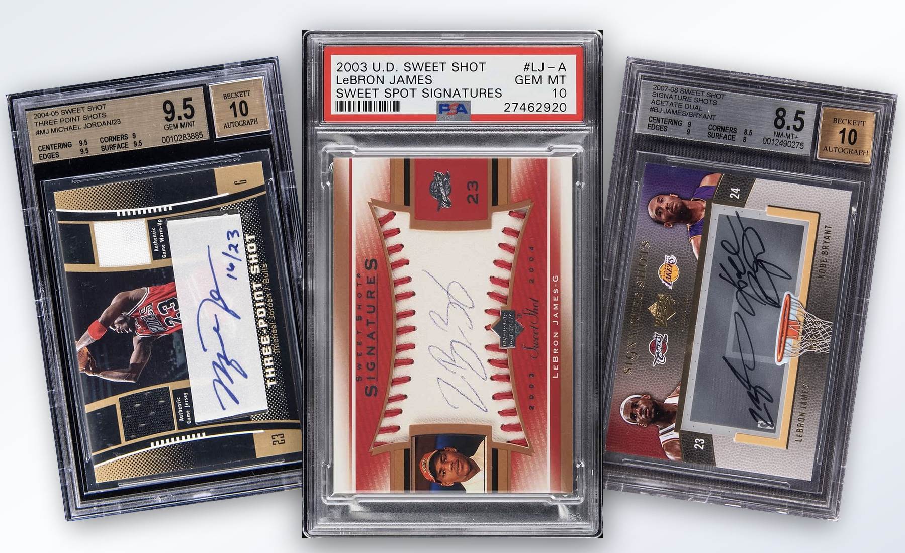 Three-card Upper Deck Sweet Shot stack built from uploaded collector images