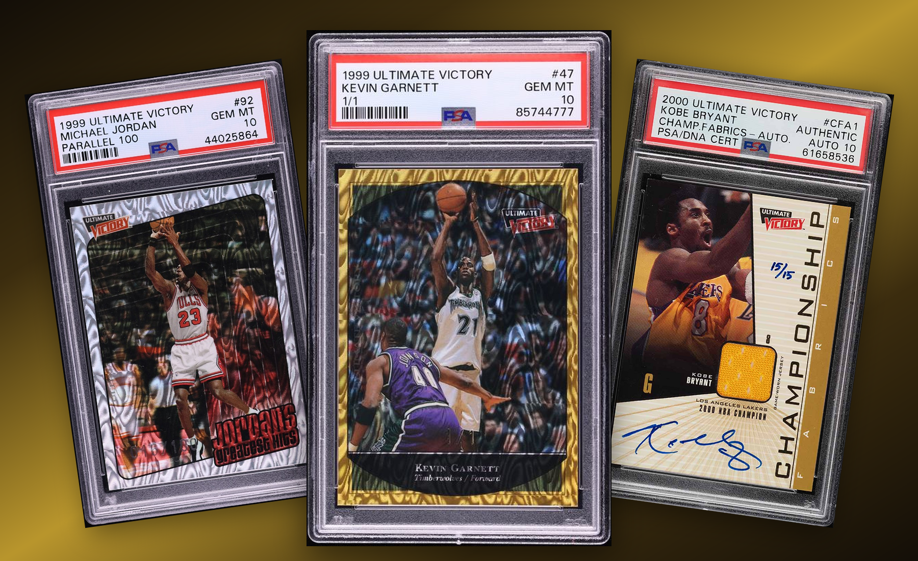 Three-card Upper Deck Ultimate Victory stack built from uploaded collector images